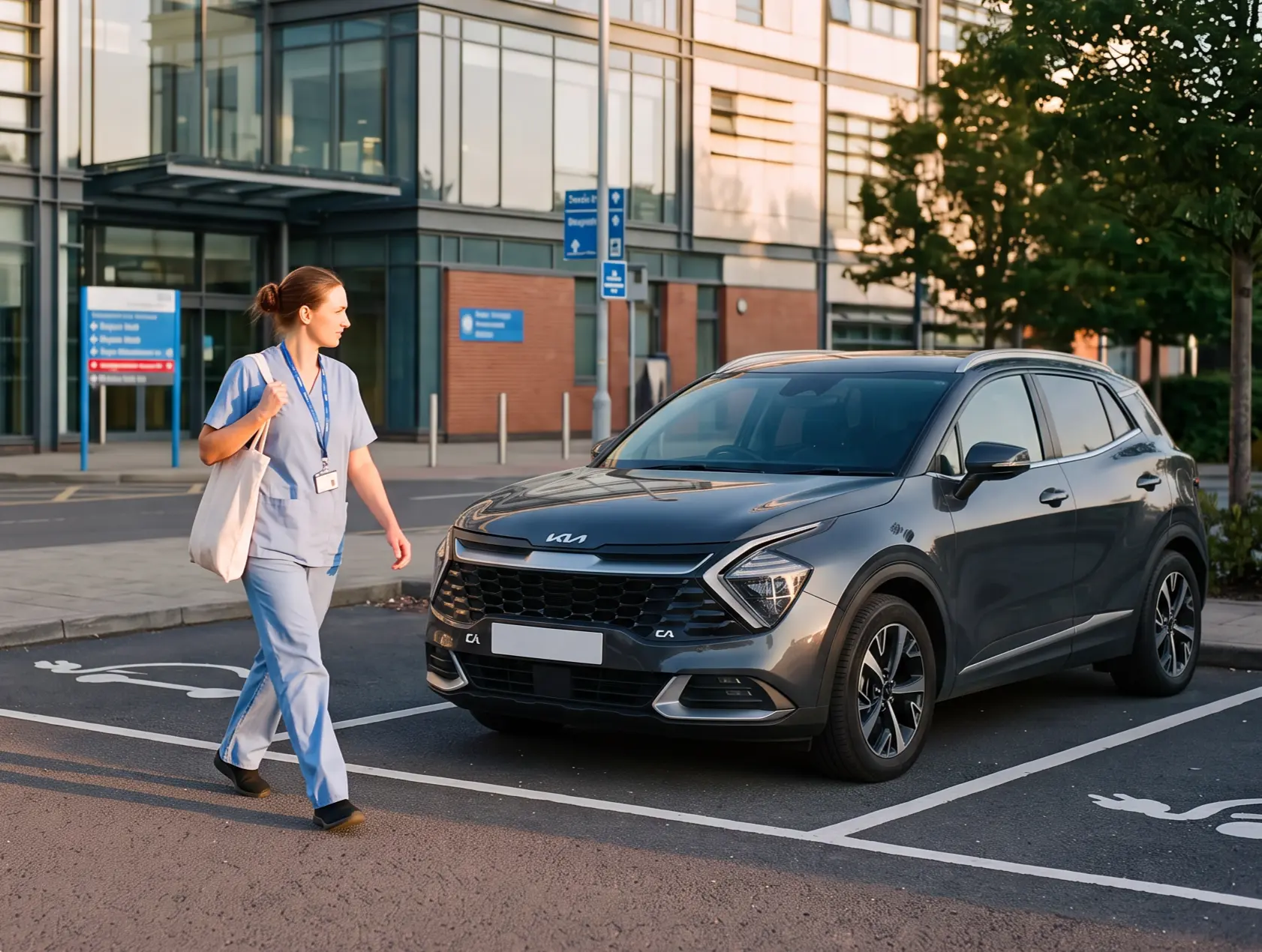 NHS nurse walking towards a Kia car outside a hospital